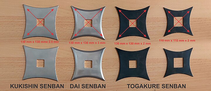 Fotografía de varios tipos de senban shuriken